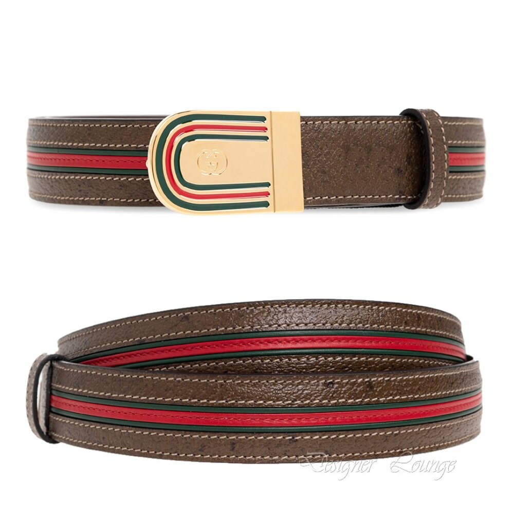 NEW GUCCI Men's Brown Leather WEB Stripe Gold GG Logo Buckle Belt Size 115